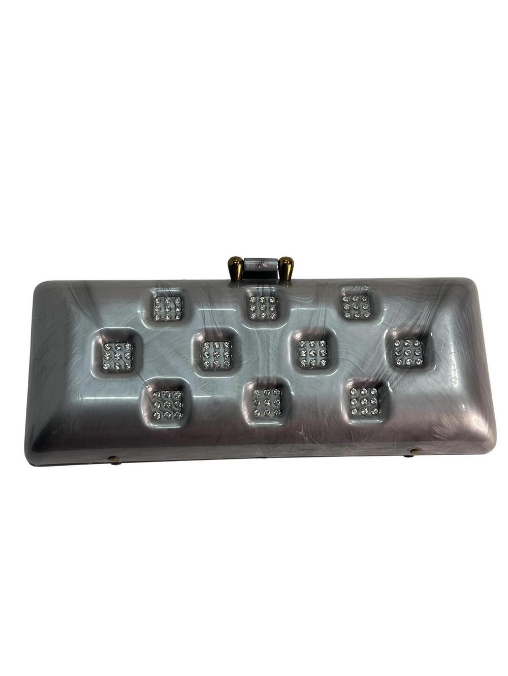 Vintage Ilene Clutch Bag Womens Small Gray Marble Plastic Rhinestone Evening